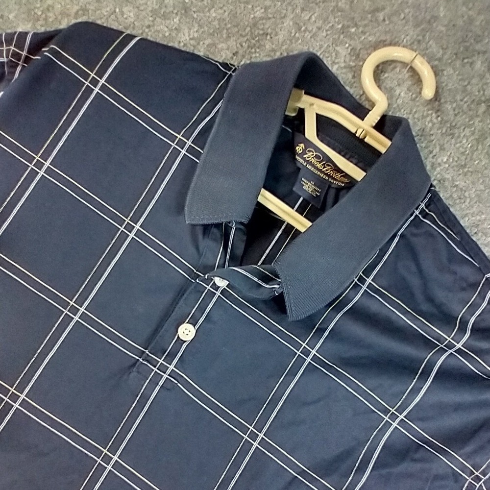 Brooks Brothers Mens Navy Windowpane Double Mercerized Cotton Polo Shirt Medium - Picture 1 of 11